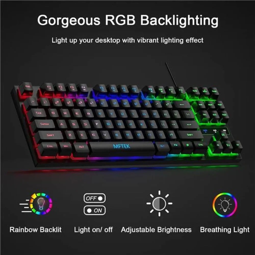 RGB Rainbow Gaming Keyboard and Mouse Combo, Compact 87 Keys Backlit Computer